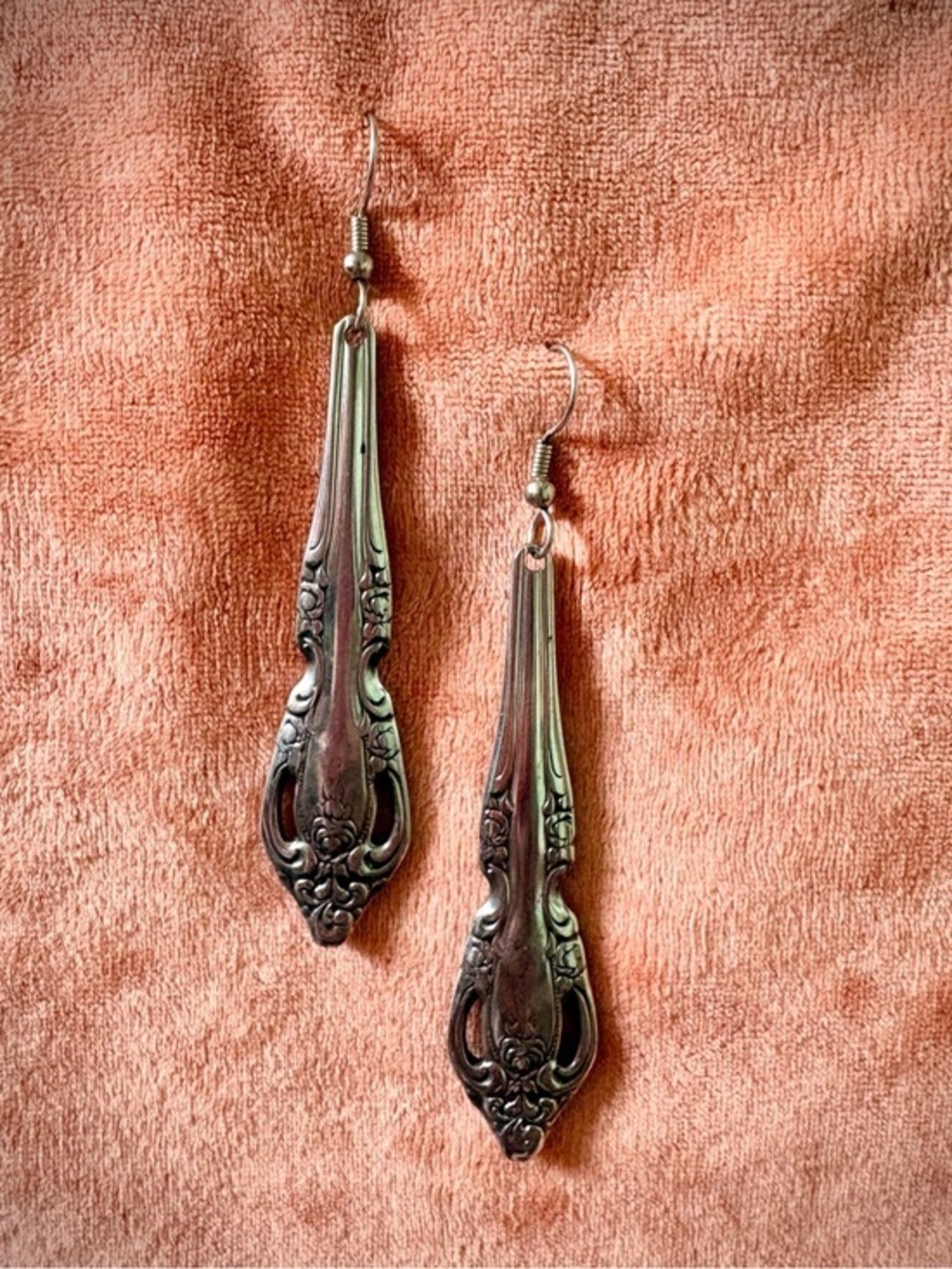 Ornate Silver Spoon Handle Dangle Earrings
